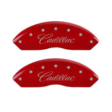 Load image into Gallery viewer, MGP 4 Caliper Covers Engraved Front Cursive/Cadillac Engraved Rear SRX Red finish silver ch