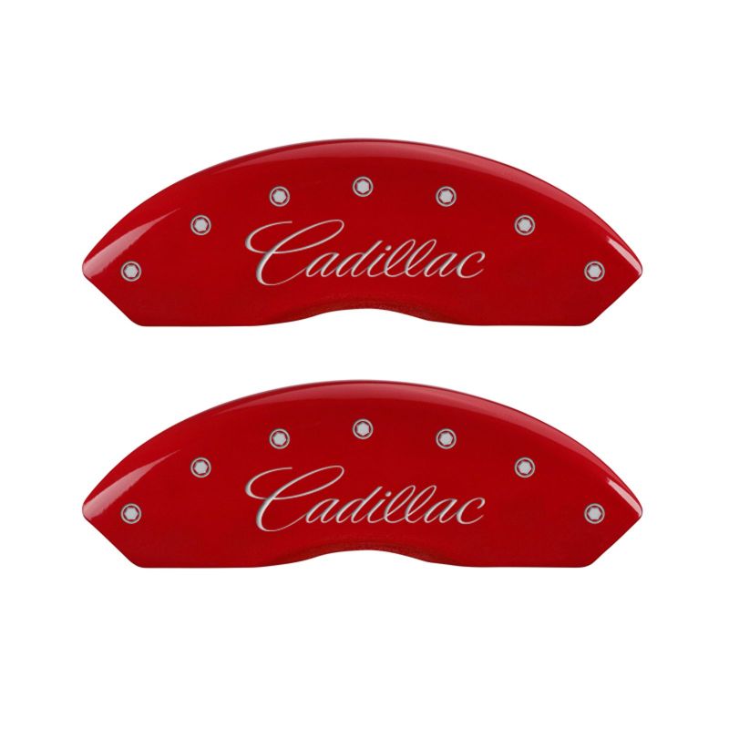 MGP 4 Caliper Covers Engraved Front Cursive/Cadillac Engraved Rear STS Red finish silver ch MGP
