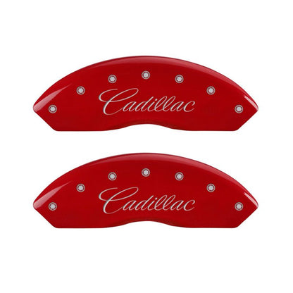 MGP 4 Caliper Covers Engraved Front Cursive/Cadillac Engraved Rear STS Red finish silver ch MGP