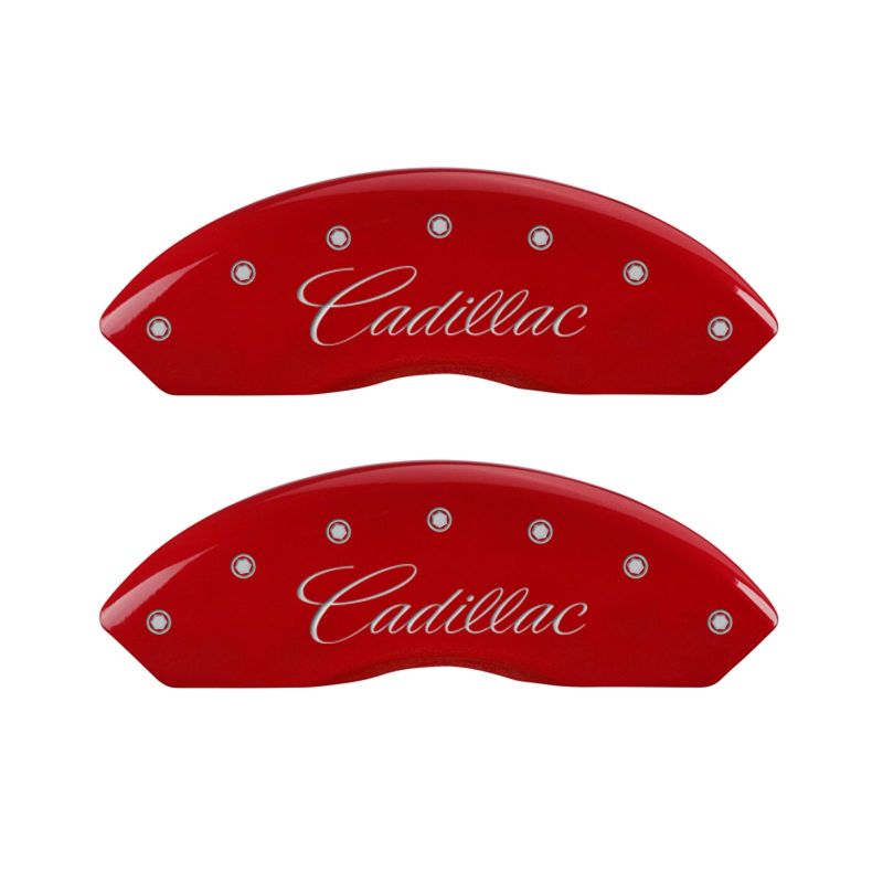 MGP 4 Caliper Covers Engraved Front & Rear Cursive/Cadillac Red Finish Silver Characters MGP