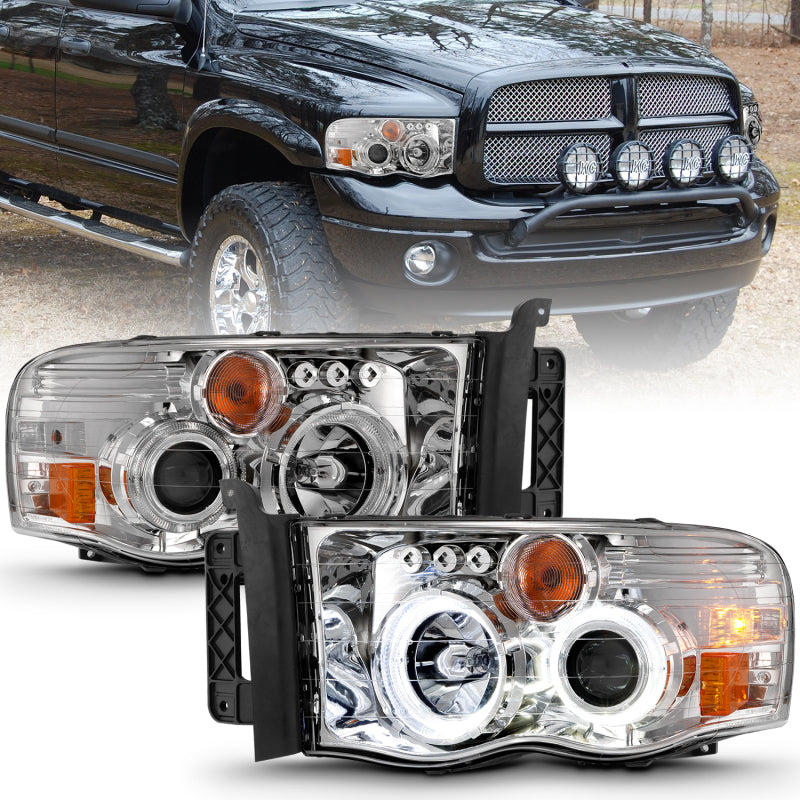 ANZO 2002-2005 Dodge Ram 1500 Projector Headlights w/ Halo Chrome Clear Amber - eliteracefab.com