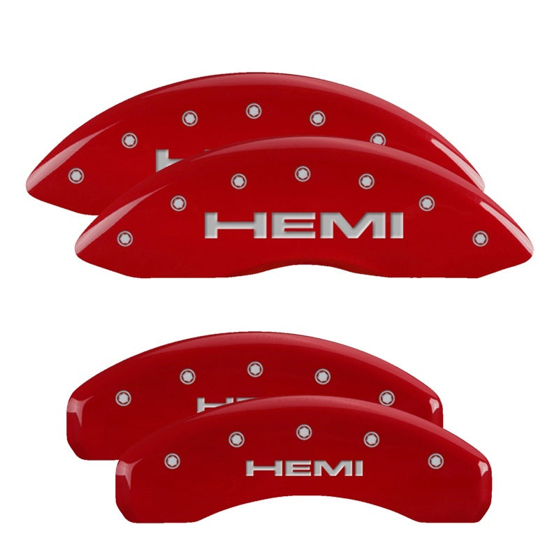 MGP 4 Caliper Covers Engraved Front HEMI Engraved Rear HEMI Logo Red Finish Silver Characters MGP