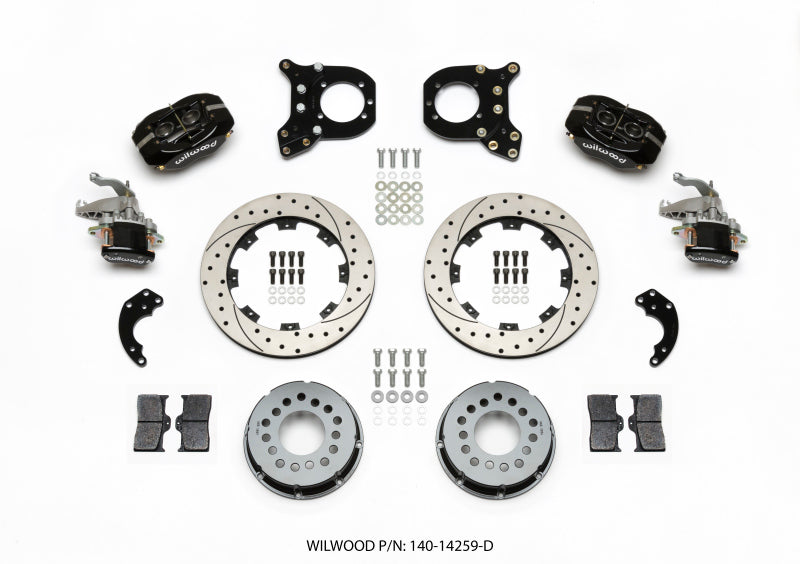 Wilwood Forged Dynalite P/S Rear Kit w/MC4 P-Brake Drilled Chev 12 Bolt w/Clip Elimin-Staggered Wilwood