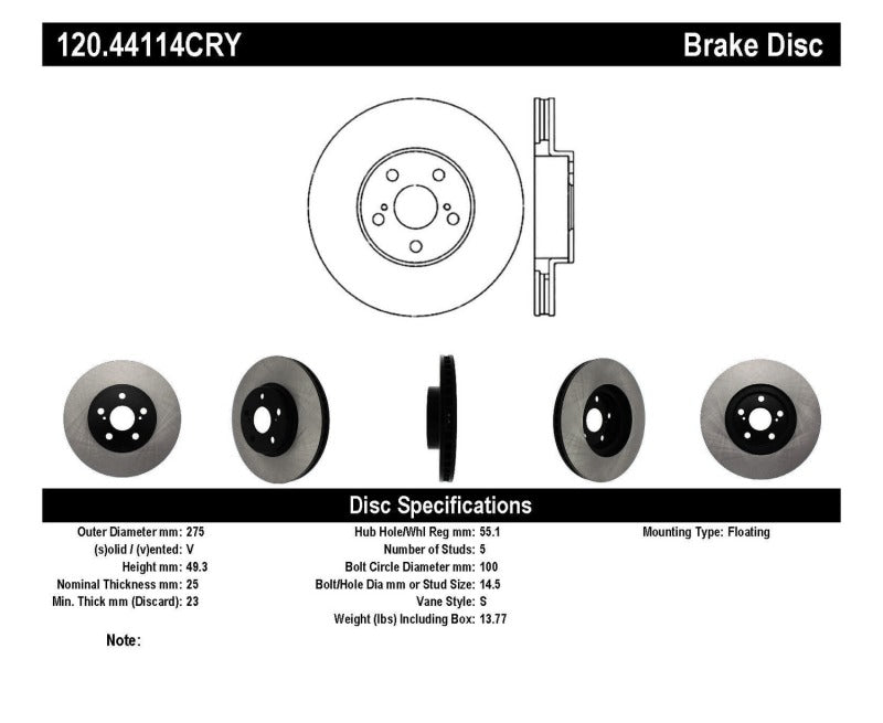Stoptech 01-05 Toyota Celica GT & GT-S/05-09 Scion tC Front CRYO-STOP Rotor Stoptech