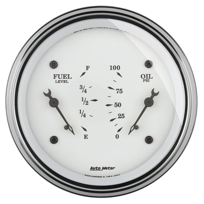 AutoMeter Gauge Dual Fuel & Oilp 3-3/8in. 0 Ohm(e) to 90 Ohm(f)& 100PSI Elec Old Tyme White 1624