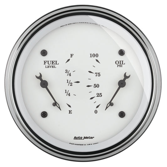 AutoMeter Gauge Dual Fuel & Oilp 3-3/8in. 0 Ohm(e) to 90 Ohm(f)& 100PSI Elec Old Tyme White 1624