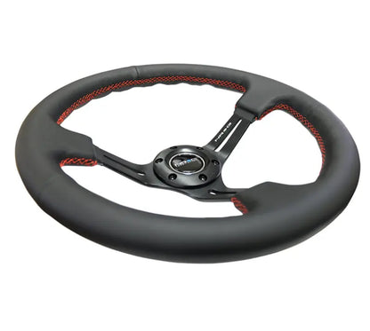 NRG Reinforced Sport Steering Wheel 350mm 3 Inch Deep Black Leather Red Stitching - eliteracefab.com