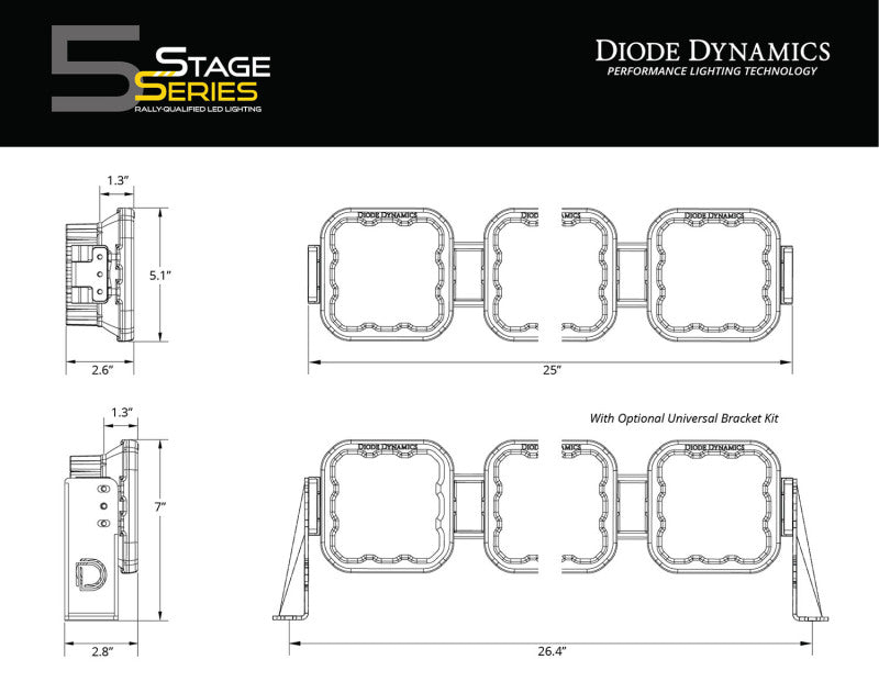 Diode Dynamics SS5 Pro Universal CrossLink 4-Pod Lightbar - Yellow Combo