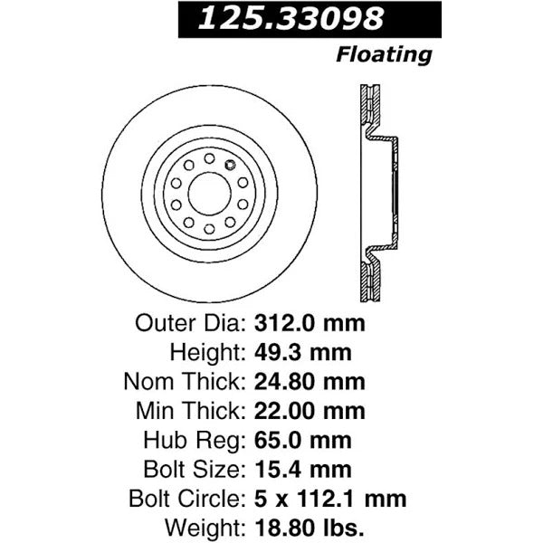 CENTRIC 06-13 AUDI A3 / 08-09 TT / 09-13 TT QUATTRO / 09-13 VW CC FRONT PREMIUM HIGH CARBON ROTOR, 125.33098 - eliteracefab.com