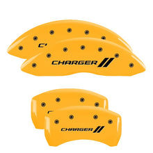 Load image into Gallery viewer, MGP 4 Caliper Covers Engraved Front &amp; Rear With stripes/Charger Yellow finish black ch MGP