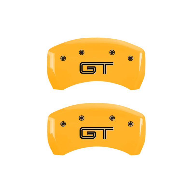 MGP 4 Caliper Covers Engraved Front Mustang Engraved Rear GT Yellow finish black ch MGP