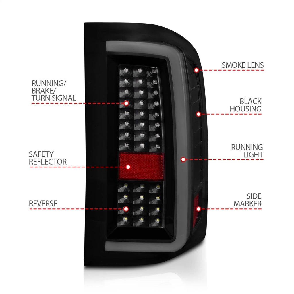 ANZO 2007-2013 Chevrolet Silverado1500/ 2500/ 3500 LED Tail Lights w/ Light Bar Black Housing Smoke - eliteracefab.com