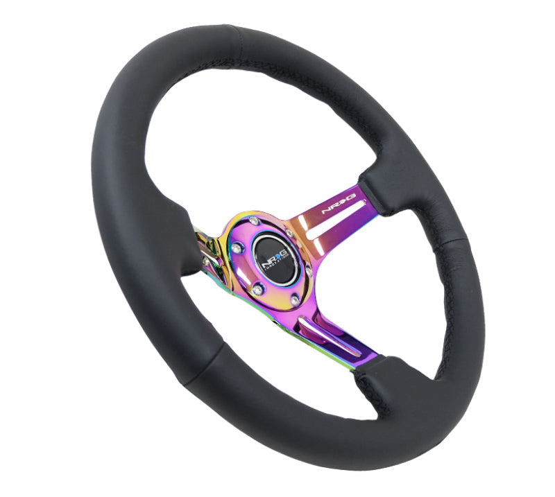 NRG Reinforced Sport Steering Wheel 350mm Leather 3 Inch Deep Black Stitch NeoChrome Slits - eliteracefab.com