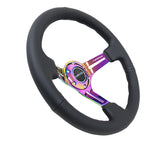 NRG Reinforced Sport Steering Wheel 350mm Leather 3 Inch Deep Black Stitch NeoChrome Slits - RST-018R-MCBS