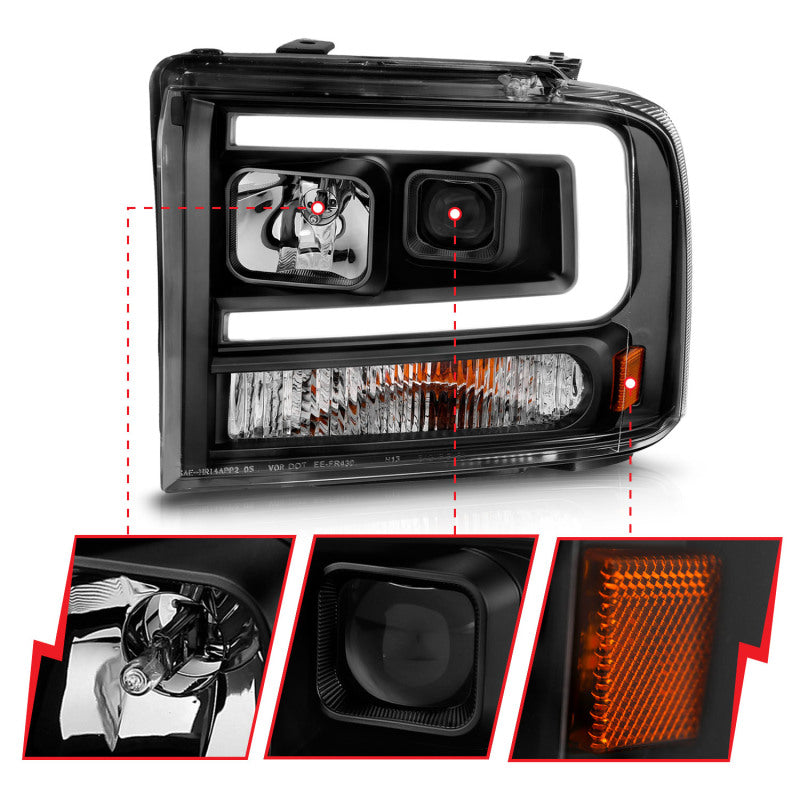 ANZO 99-04 Ford F250/F350/F450/Excursion (excl 99) Projector Headlights - w/ Light Bar Black Housing ANZO