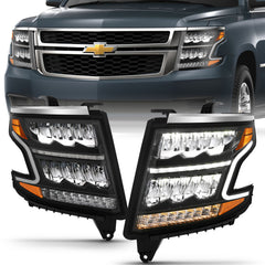 ANZO 15-20 Chevy Tahoe/Suburban LED Light Bar Style Headlights Black w/Sequential w/DRL w/Amber - eliteracefab.com