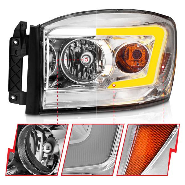 Anzo 06-09 Dodge RAM 1500/2500/3500 Headlights Chrome Housing/Clear Lens (w/Switchback Light Bars) - eliteracefab.com