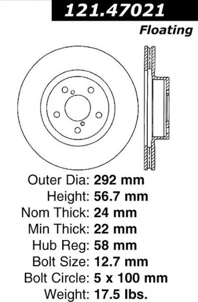 CENTRIC C-TEK STANDARD FRONT DISC BRAKE ROTOR FOR SUBARU, 121.47021 - eliteracefab.com