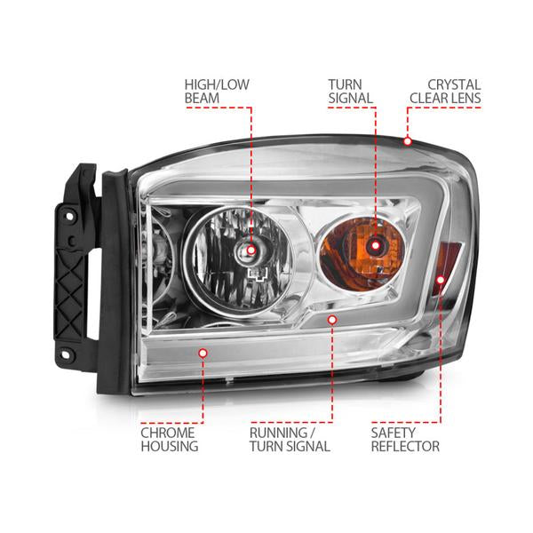 Anzo 06-09 Dodge RAM 1500/2500/3500 Headlights Chrome Housing/Clear Lens (w/ Light Bars) - eliteracefab.com