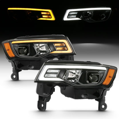 ANZO 2017-2018 Jeep Grand Cherokee Projector Headlights w/ Plank Style Switchback - Black w/ Amber - eliteracefab.com