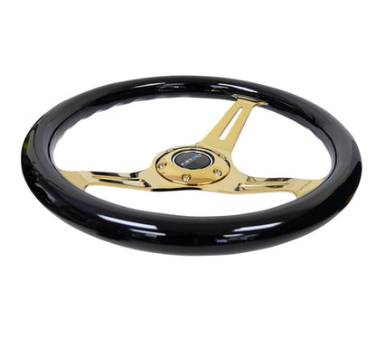 NRG Classic Wood Grain Steering Wheel 350mm Chrome Gold 3-Spokes Black Grip - eliteracefab.com
