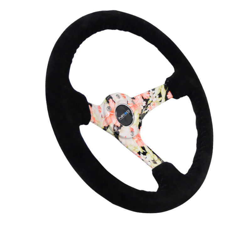 NRG Reinforced Sport Steering Wheel 350mm 3 Inch Deep Hydro Dipped Tropical Floral 5mm spoke Black Suede Black Baseball Stitching - eliteracefab.com