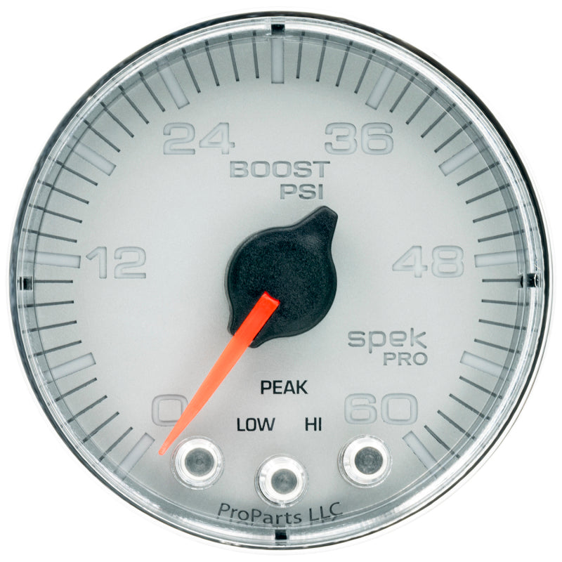 Autometer Spek-Pro Gauge Boost 2 1/16in 60psi Stepper Motor W/Peak & Warn Slvr/Chrm P304218
