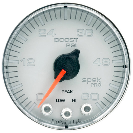 Autometer Spek-Pro Gauge Boost 2 1/16in 60psi Stepper Motor W/Peak & Warn Slvr/Chrm P304218