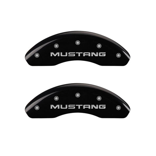 MGP 4 Caliper Covers Engraved Front Mustang Engraved Rear Pony Black finish silver ch MGP