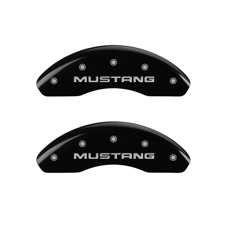 MGP 4 Caliper Covers Engraved Front Mustang Engraved Rear Pony Black finish silver ch MGP