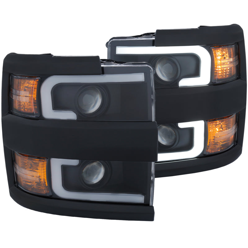 ANZO USA Chevrolet Silverado Hd Projector Headlights W/ Plank Style Black W/ Amber Black Rim; 2015-2017 - eliteracefab.com