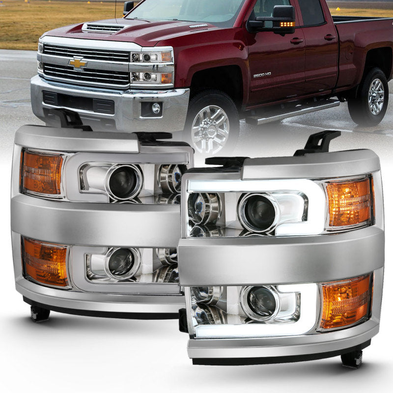 ANZO USA Chevrolet Silverado Hd Projector Headlights W/ Plank Style Design Chrome W/ Amber; 2015-2017 - eliteracefab.com