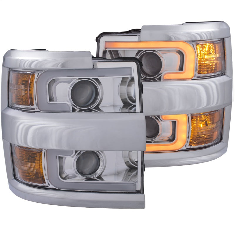 ANZO USA Chevrolet Silverado Hd Projector Headlights W/ Plank Style Switchback Chrome W/ Amber Chrome Rim; 2015-2017 - eliteracefab.com