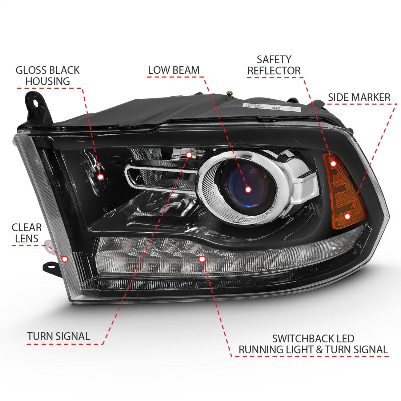 ANZO 2009-2018 Dodge Ram 1500 Projector Plank Style Switchback H.L Halo Black Amber (OE Style) - eliteracefab.com