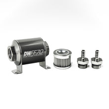 Load image into Gallery viewer, DeatschWerks Stainless Steel 5/16in 5 Micron Universal Inline Fuel Filter Housing Kit (70mm)