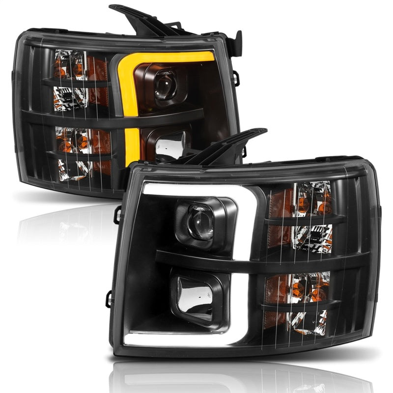 Anzo 07-13 Chevrolet Silverado-1500 Plank Style Projector Headlights Black with Amber - eliteracefab.com