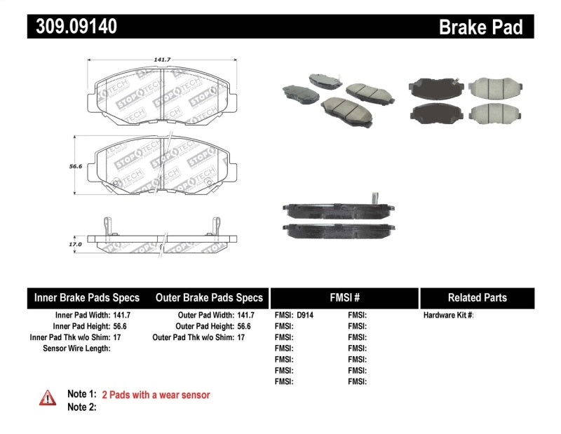 STOPTECH PERFORMANCE 03-10 HONDA ACCORD / 02-06 CR-V / 03-08 PILOT FRONT BRAKE PADS, 309.09140 - eliteracefab.com