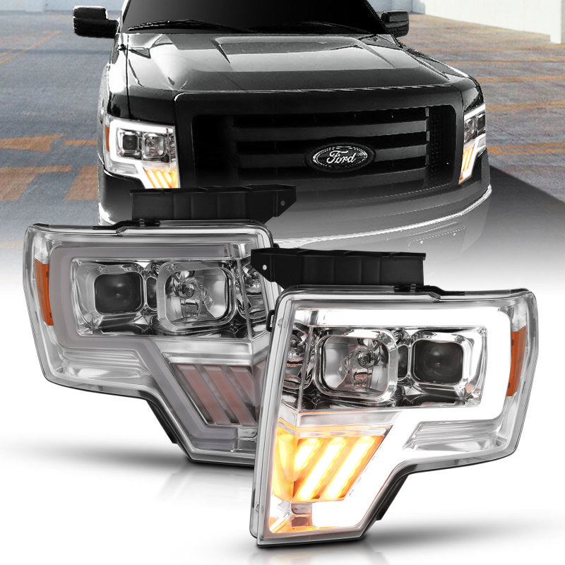 ANZO 2009-2014 Ford F-150 Projector Headlight Chrome Amber - eliteracefab.com