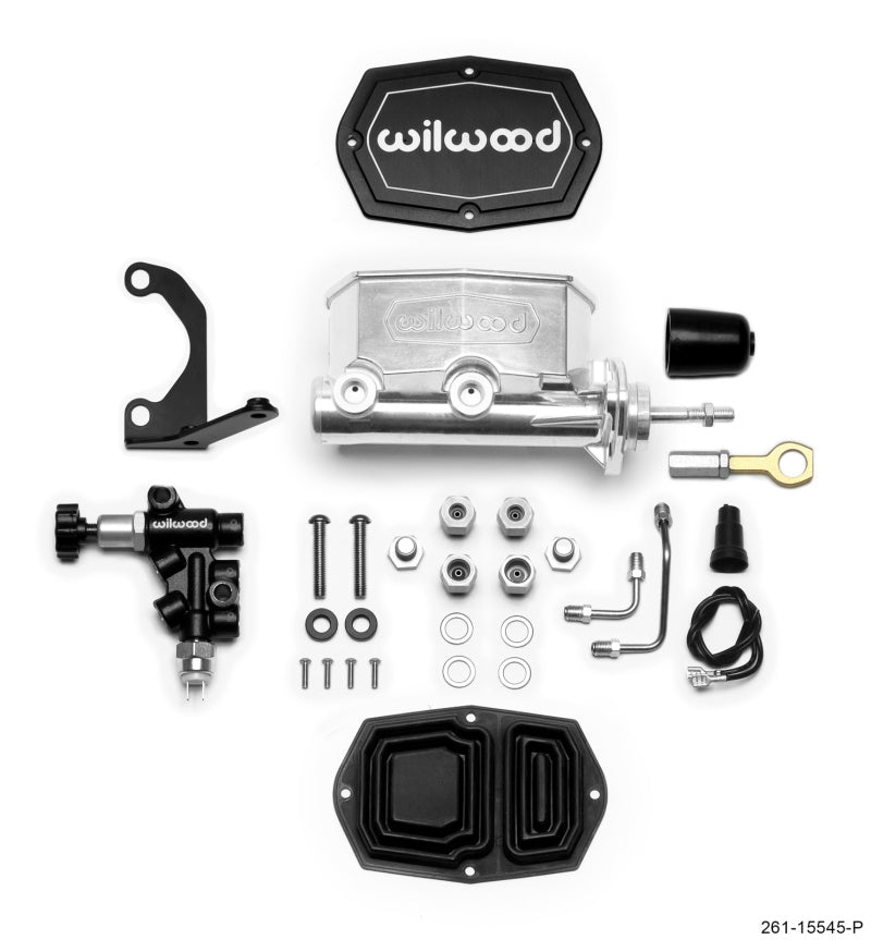 Wilwood Compact Tandem M/C - 1.12in Bore w/Bracket and Valve fits Mustang (Pushrod) - Ball Burnished Wilwood