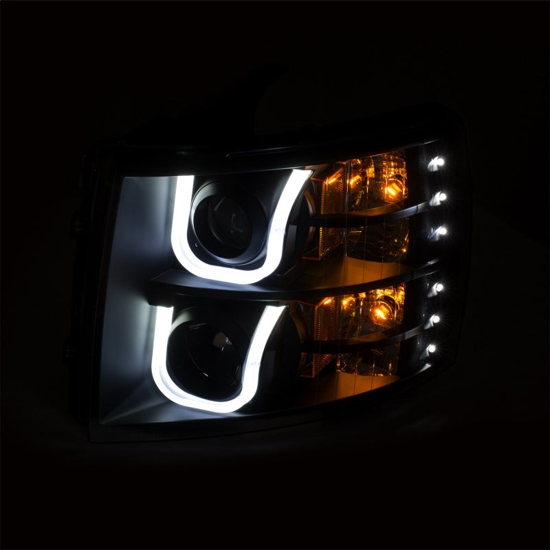 ANZO 2007-2013 Chevrolet Silverado 1500/2500 Projector Headlights w/ U-Bar Switchback Black w/ Amber - eliteracefab.com