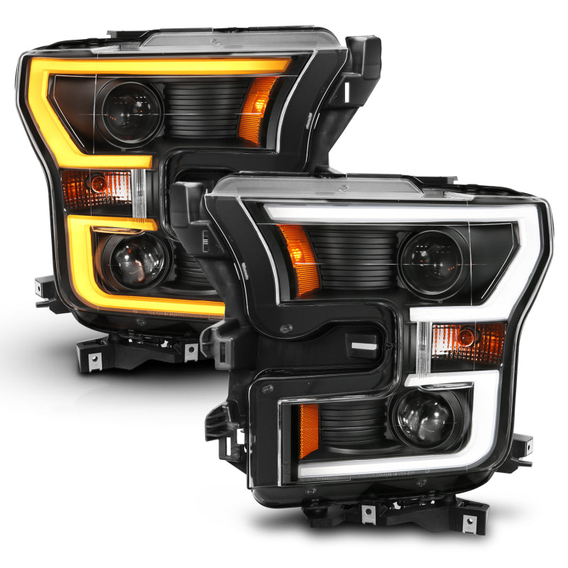 ANZO USA Ford F-150 Projector Headlights W/ Plank Style Switchback Black W/ Amber; 2015-2017 - eliteracefab.com