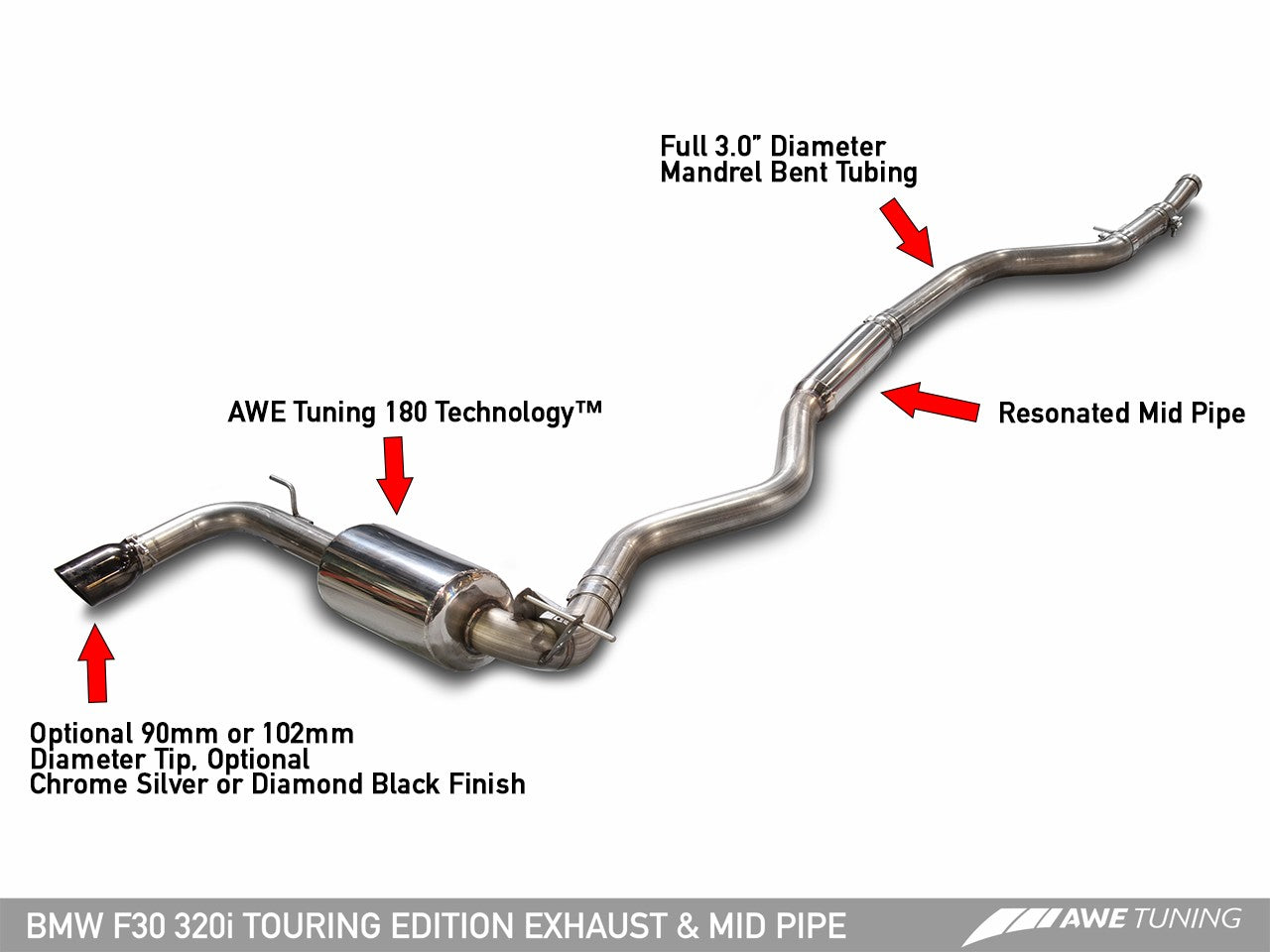 AWE Tuning 13-18 BMW 320i (F30) Touring Edition Exhaust w/ Perfomance Mid Pipe - Diamond Black Tips - eliteracefab.com