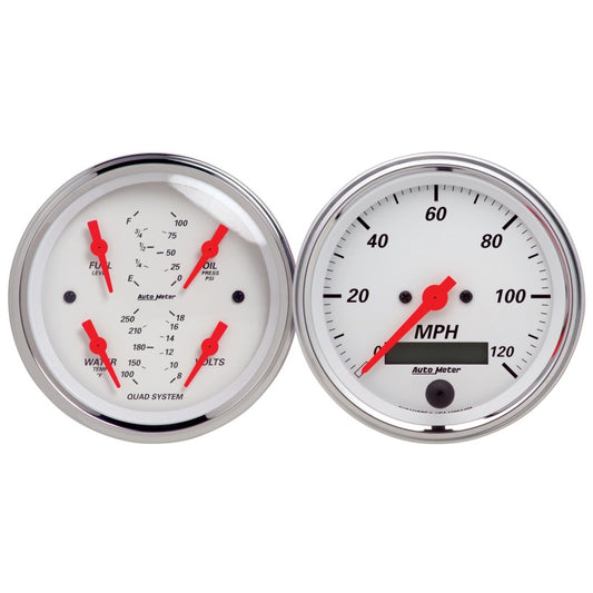 Autometer Arctic White 3-3/8in Kit Box w/Elec Speedo Elec Oil Press, Water Temp, Volt, Fuel Level 1308