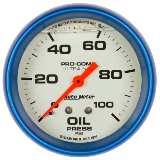 Autometer Ultra-Nite 2-5/8in 0-100 PSI Liquid Filled Mechanical Glow In Dark Oil Pressure Gauge 4221