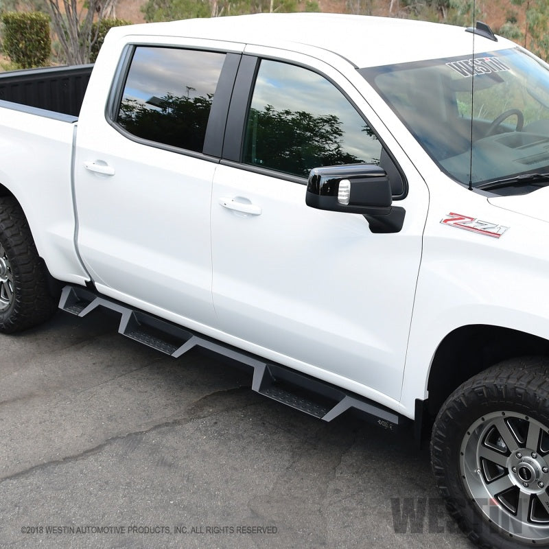 Westin 2019 Chevrolet Silverado/Sierra 1500 (5.5ft) Drop Wheel to Wheel Nerf Step Bars - Txt Black - eliteracefab.com