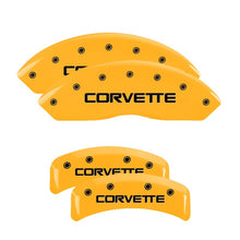 Load image into Gallery viewer, MGP 4 Caliper Covers Engraved F &amp; R C4/Corvette Yellow Finish Black Char 1988 Chevrolet Corvette MGP