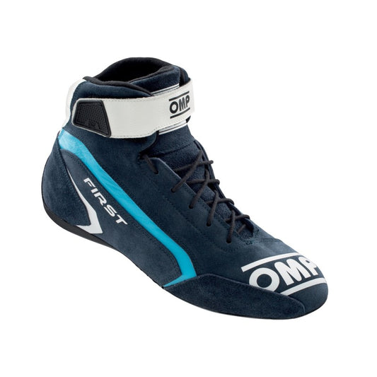 OMP First Auto Racing Shoes - Navy Blue/Cyan - EU 44/US 10.5 - FIA & SFI Approved