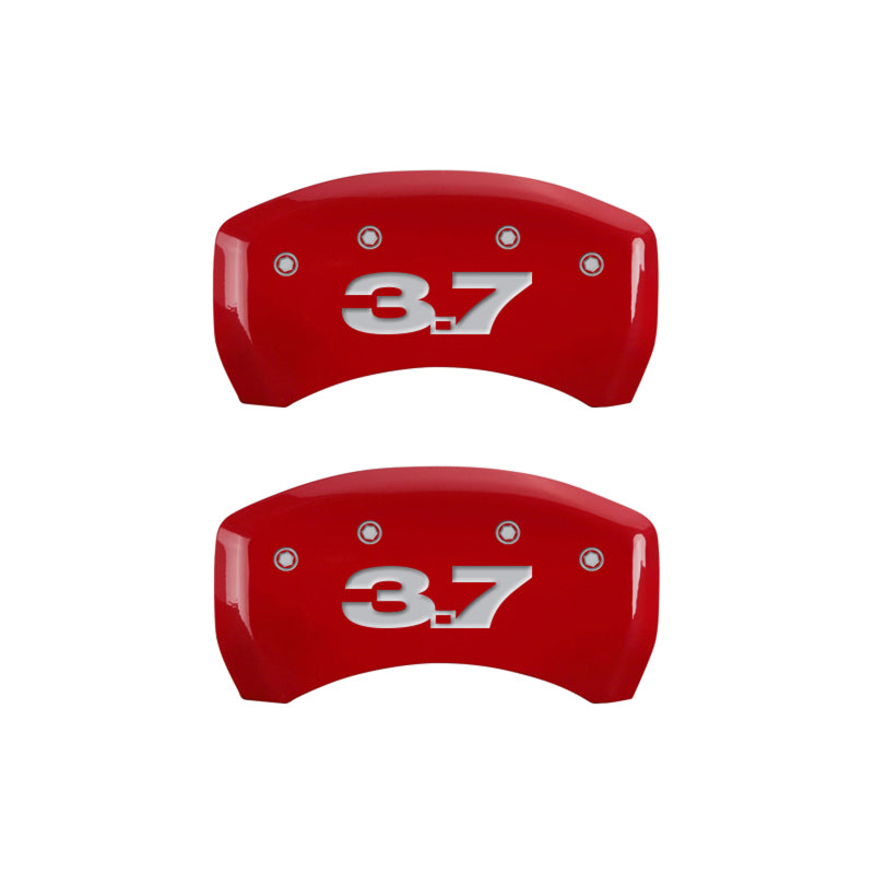 MGP 4 Caliper Covers Engraved Front Mustang Engraved Rear 37 Red finish silver ch MGP