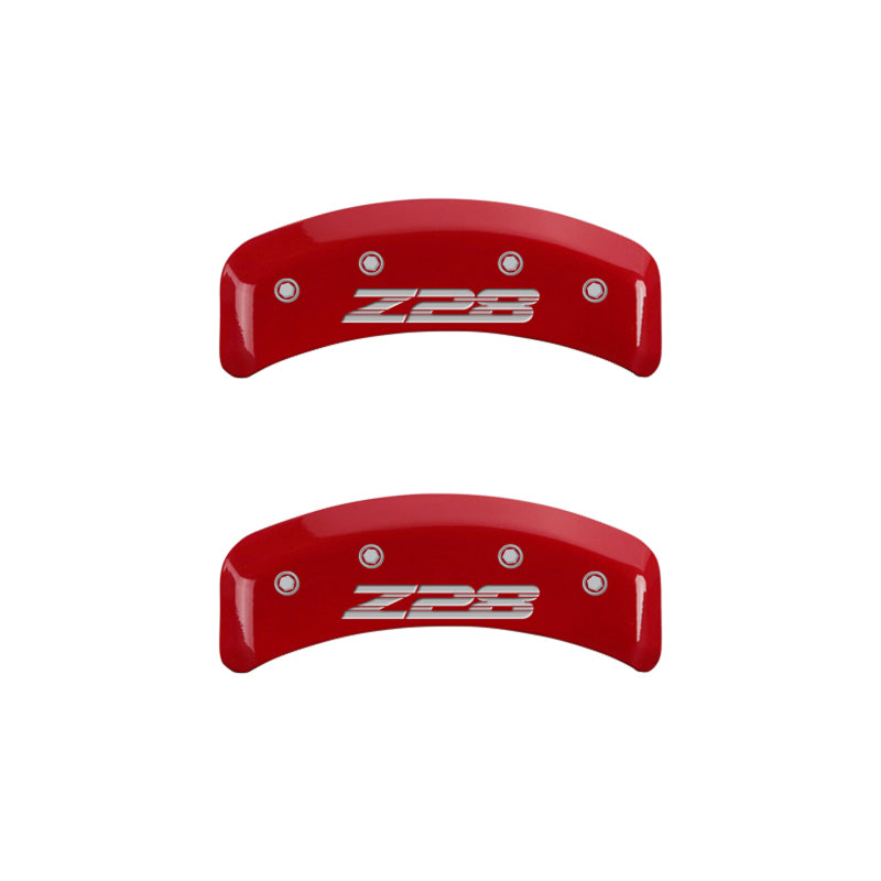 MGP 4 Caliper Covers Engraved Front Gen 4/Camaro Engraved Rear Gen 4/Z28 Red finish silver ch MGP