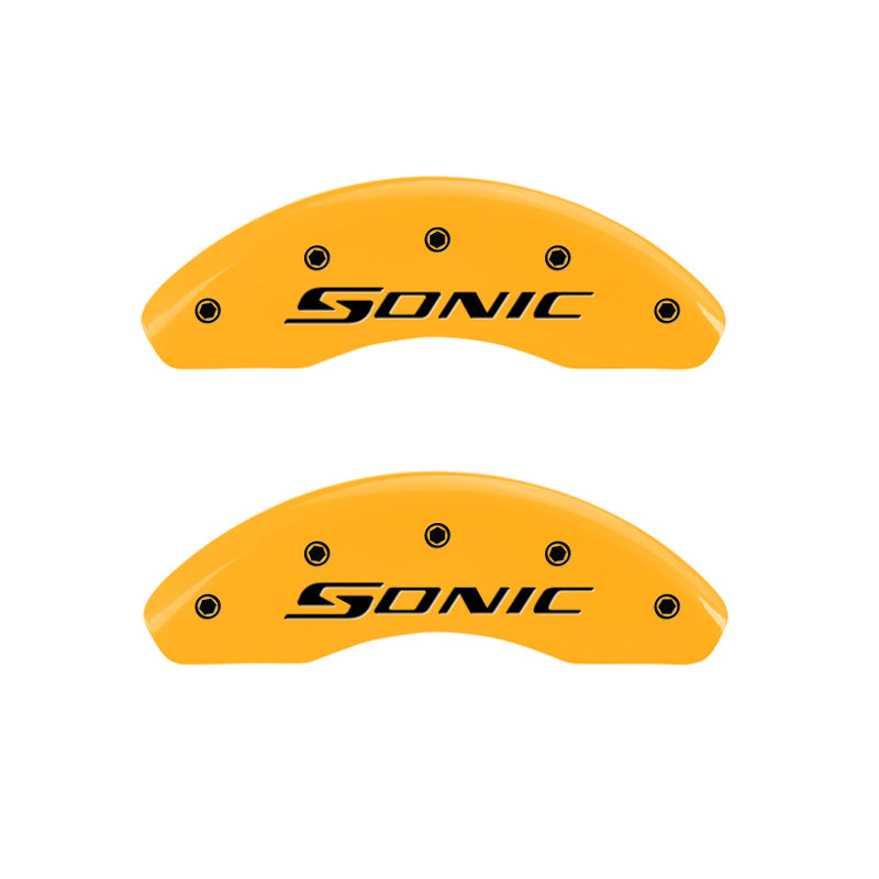 MGP Front set 2 Caliper Covers Engraved Front Sonic Yellow finish black ch MGP